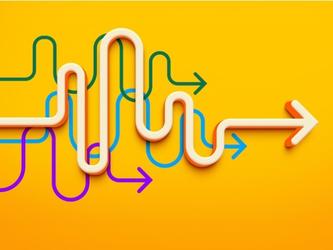 yellow background with colourful squiggly arrows pointing in the same direction